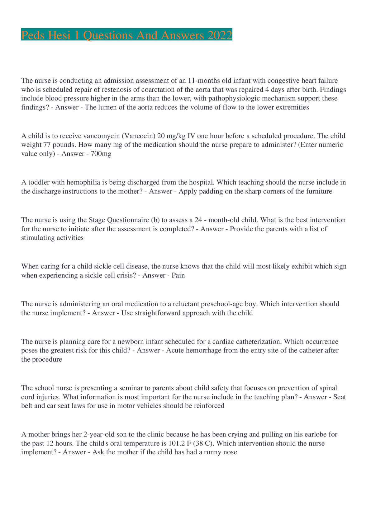 Preview image for Peds Hesi 1 Questions And Answers 2022